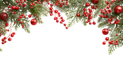 Festive Christmas frame with pine branches, red berries, and ornaments isolated on white background