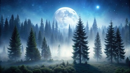 Enchanted Evergreen Forest Under a Mystical Night Sky with a Full Moon and Misty Atmosphere