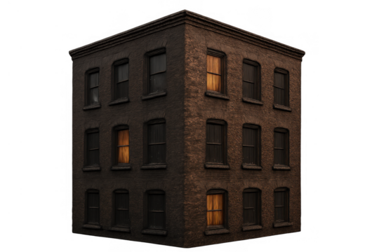 Old apartment building exterior at night with glowing windows, city architecture, urban residential neighborhood property - Powered by Adobe