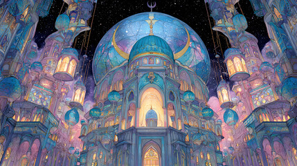 Obraz premium Whimsical Mosque Illustration with Pastel Colors and Intricate Details.