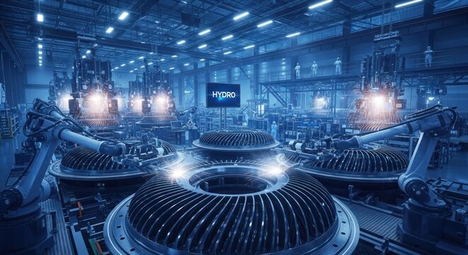 Advanced robotic arms performing precision welding on large industrial turbine components in futuristic, high-tech factory setting with bright blue lighting, for innovation, manufacturing,