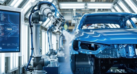 Automated robotic arm spraying blue car body on modern assembly line, for manufacturing, industrial production, automotive technology, advanced automation processes