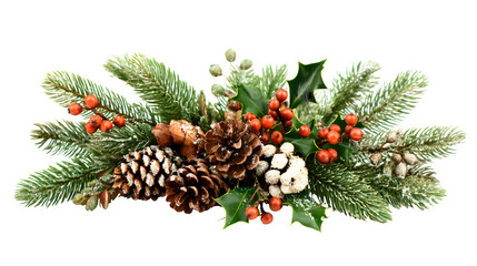 Festive arrangement of fir branches, holly, and pine cones with sparkling accents isolated on white background
