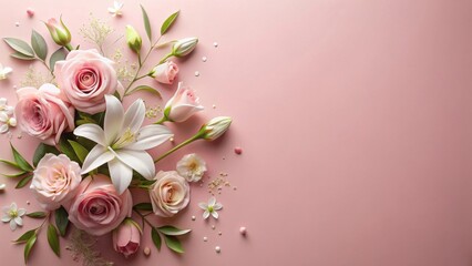 A Delicate Arrangement of Pink Roses and White Lilies on a Soft Pink Background