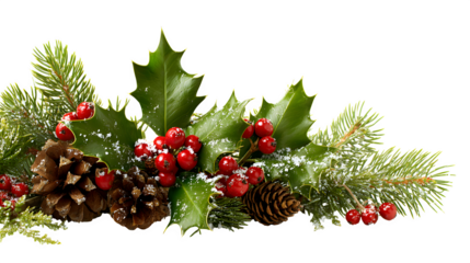 Festive arrangement of fir branches, holly, and pine cones with sparkling accents isolated on white background