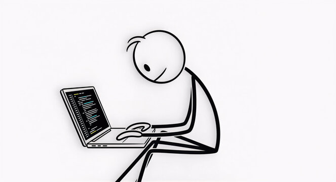 stickman, stick figure using laptop computer, cartoon character working on computer, minimalist line art programmer illustration, simple doodle man typing on laptop, working stickman, hacker stickman