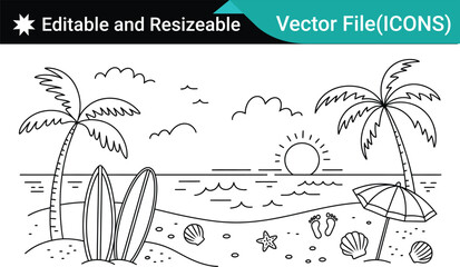 Summer Beach Line Art Illustration .