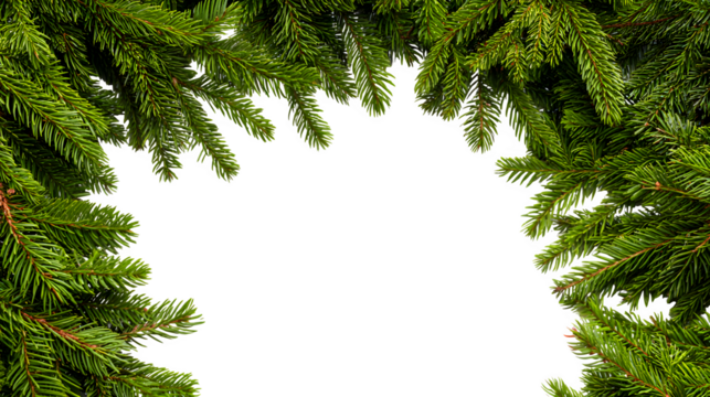 Festive border made of evergreen branches and firs forming a photo frame isolated on white background