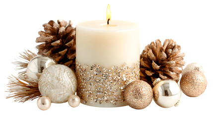 Festive candle with pinecone and bauble accents isolated on white background