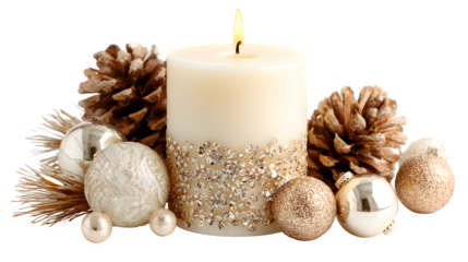 Festive candle with pinecone and bauble accents isolated on white background