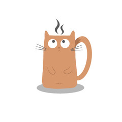 A cute and minimalist cartoon vector illustration of a coffee mug shaped like a cat with steam rising from the top.