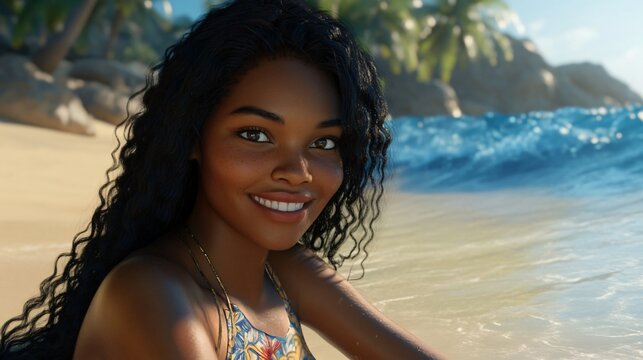 Joyful African lady enjoys beach relaxation