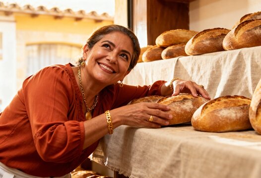 Proud Hispanic baker smiling with her fresh artisan bread. Mature woman and small business owner in her local bakery shop