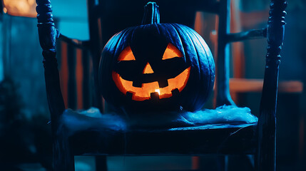 Jack o lantern sitting on a wooden chair in a spooky setting