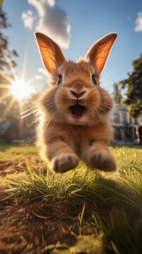 Cute Easter rabbit ia running on meadow