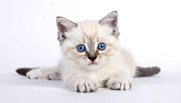 Cute kitten with piercing blue eyes lies down against a white background, looking at the viewer directly