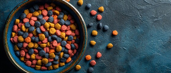 Minimalistic pet cuisine: a culinary view for dogs. Artistic distortion. Artistic arrangement of dog food on dark slate from above. Fantastical figures. Creative concept.