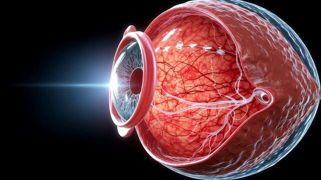 Detailed illustration of human eye anatomy, highlighting intricate blood vessels, retina, optic nerve, and complex structures like cornea and iris