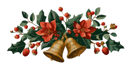 Festive floral ornament with bells and holly leaves isolated on white background