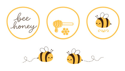 Cute bee honey label vector set, round badges with honey dipper, hexagon cells, and smiling bees with flight trails, yellow and black kawaii illustration for packaging and stickers.