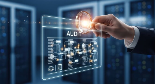 Businessman holding magnifying glass over digital audit interface with flowchart legal scales, for compliance, verification, financial review, data analysis in modern technology environment - Powered by Adobe