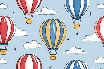 Cute watercolor seamless pattern with striped hot air balloons and soft clouds. Perfect for nursery wallpaper, kids room decor, textile design.