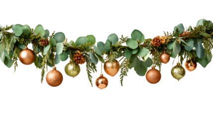 Festive garland of greenery and ornaments looping elegantly isolated on white background