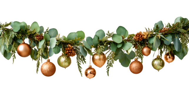 Festive garland of greenery and ornaments looping elegantly isolated on white background