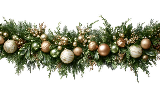 Festive garland of greenery and ornaments looping elegantly isolated on white background