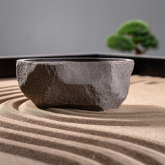 Zen garden stone bowl sand minimalist tranquility meditation Japanese nature peaceful relaxation. rough stone bowl sits raked sand minimalist Zen garden evoking tranquility and peaceful meditation