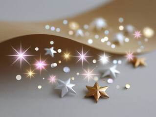 Golden star silver star white star sparkling light festive decoration magical dreamy celebration abstract soft focus create magical festive atmosphere with sparkling lights and metallic stars