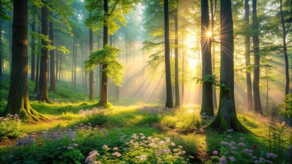 Obraz premium Sunbeams Illuminate Serene Woodland Path, Bathed in Golden Light and Blooming Flora