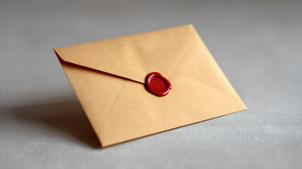Elegant envelope with a red wax seal rests on a textured surface, showcasing a classic design, perfect for invitations or special correspondence with a touch of sophistication