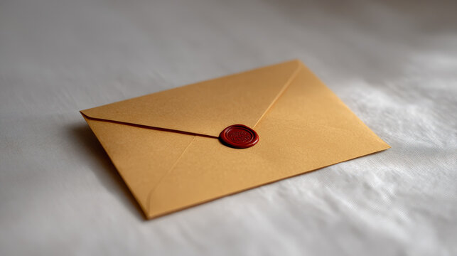 Elegant brown envelope with a red wax seal resting on a soft white surface, creating a classic and sophisticated atmosphere for correspondence and invitations
