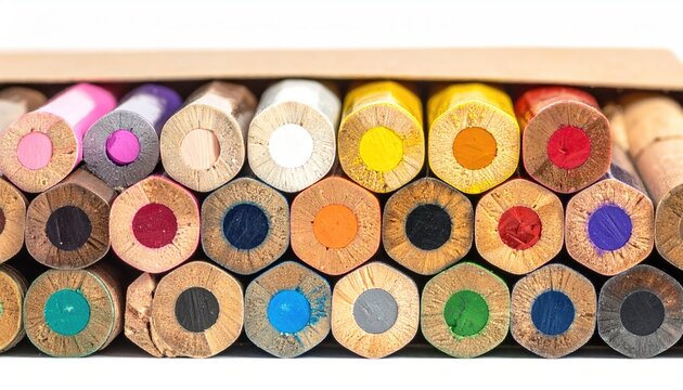 Colorful pencils in a cardboard box