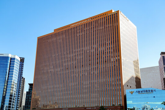 SEOUL, SOUTH KOREA - OCTOBER 11, 2025 - WeWork office building contrasting against a blue sky in Seoul, South Korea