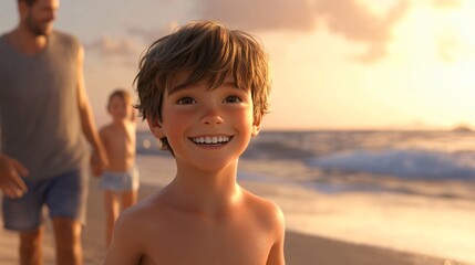 Happy child walking with parents by seaside