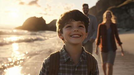 Joyful child strolling beach with parents