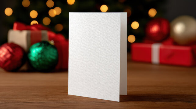 Blank Christmas card mockup on wooden table, surrounded by colorful holiday decorations and gifts, ideal for festive invitations or seasonal greetings