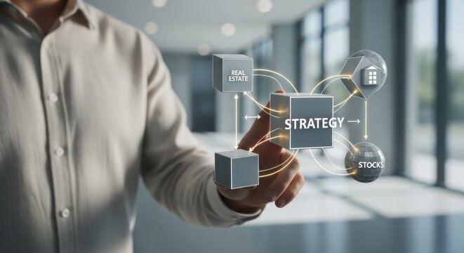 Businessman interacting with digital strategy interface, visualizing investment options in real estate stocks, for financial planning, decision-making, market analysis for business growth - Powered by Adobe