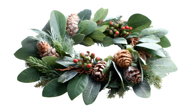 Festive holiday wreath made of green foliage with pinecones and berries isolated on white background