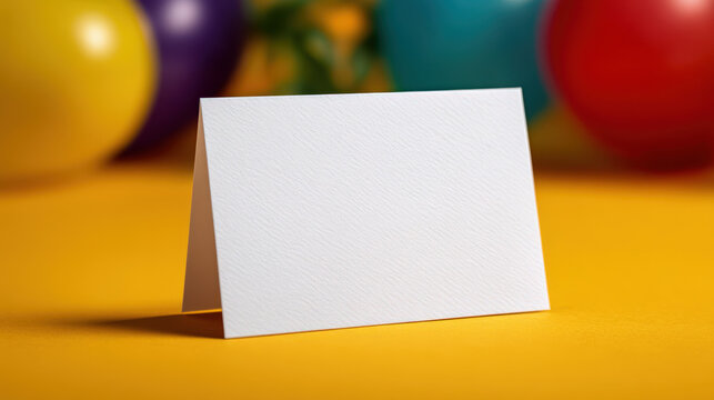 Birthday celebration card mockup with blank space for text, surrounded by colorful balloons on vibrant yellow background, perfect for festive invitations or greetings