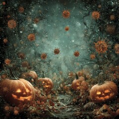 Mystical autumn forest with halloween harvest. Airborne microbes. Bright twinkling pumpkins in a dreamy november forest. Contaminated air. Viral particles.