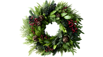 Festive holiday wreath made of green foliage with pinecones and berries isolated on white background