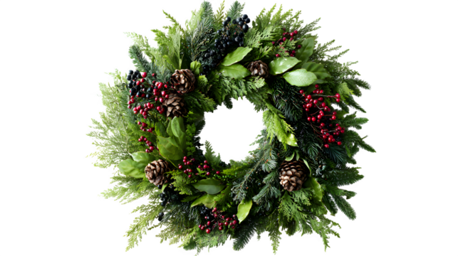 Festive holiday wreath made of green foliage with pinecones and berries isolated on white background - Powered by Adobe