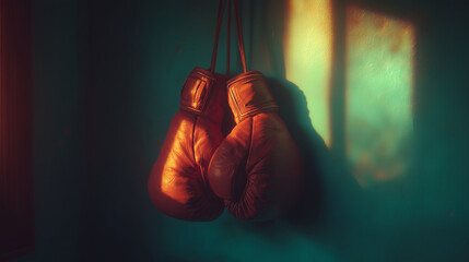 Hanging boxing gloves under dramatic cinematic light, symbolizing strength, discipline, and perseverance in sports and personal growth