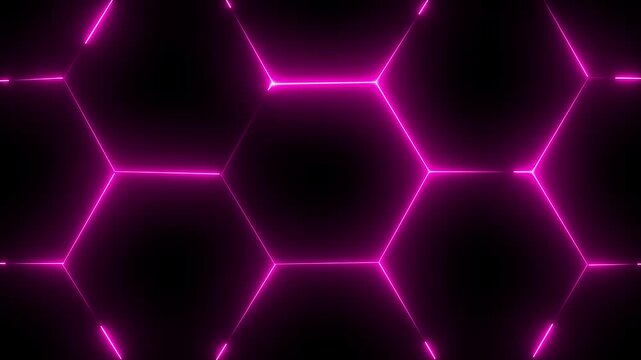 glowing neon light hexagon frame animated on black background. futuristic abstract hexagonal grid background growth line Geometric Surface light hexagon.