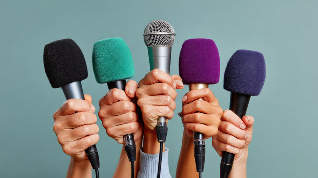 Diverse hands holding colorful microphones, showcasing a variety of styles and textures, symbolizing communication, expression, and the power of voice in a vibrant setting
