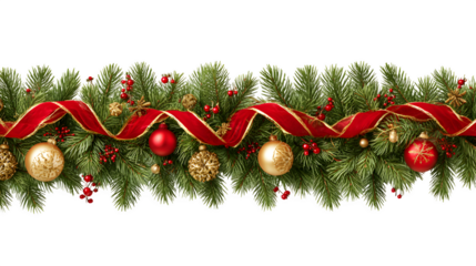 Festive pine garland border with red ribbons and gold ornaments isolated on white background