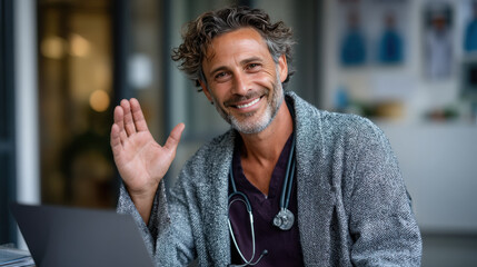 Smiling middle-aged doctor with stethoscope, waving during online consultation, cozy home office setting, showcasing telehealth concept and patient engagement